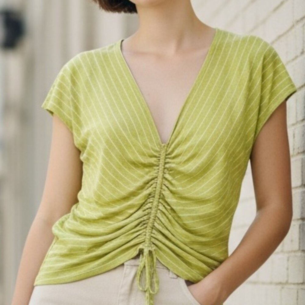 Max Studio London Linen Blend Top XL Green Striped Lightweight Summer